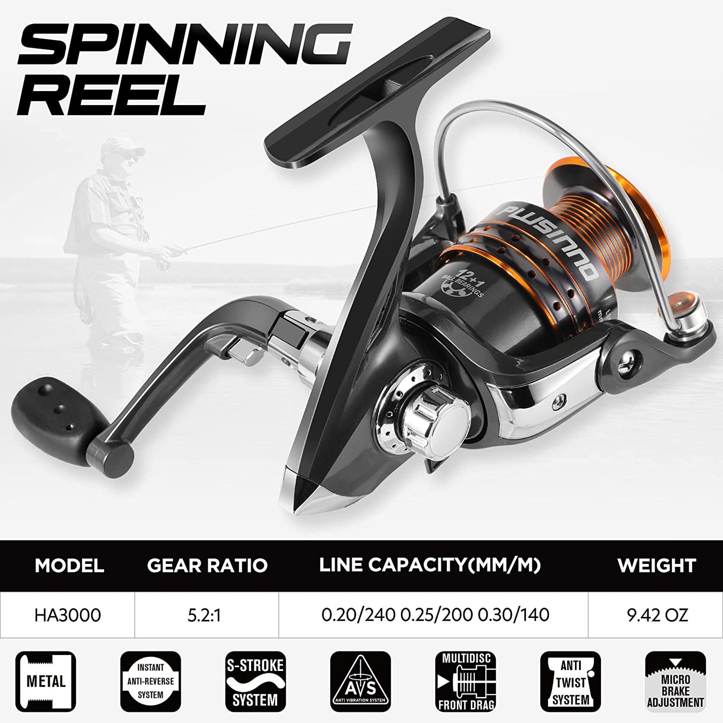 PLUSINNO Carbon Fiber Telescopic Fishing Rod and Reel Combo with 12 +1 Shielded Stainless Steel Bearings