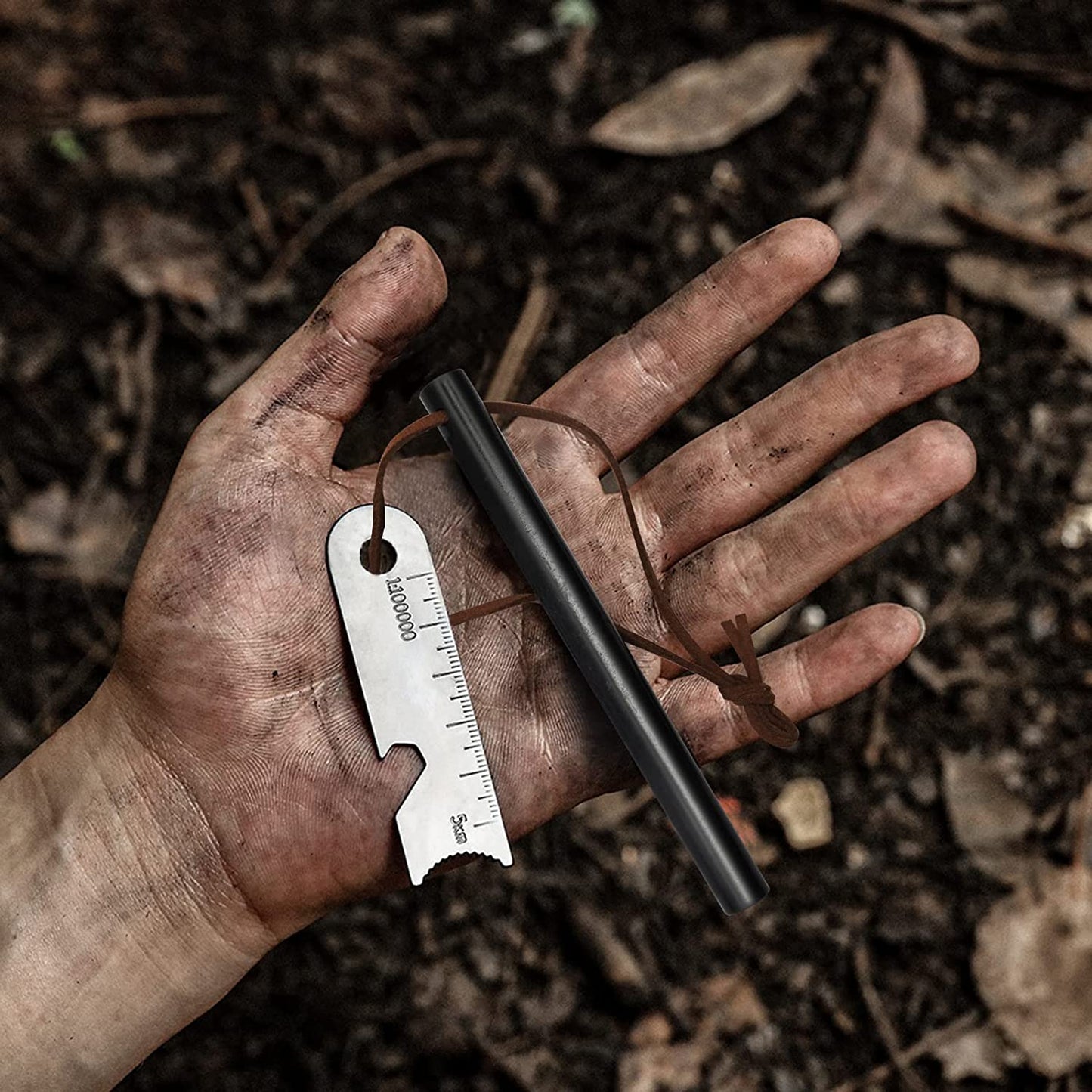 Ferro Rod Survival Tool Kit with Leather Lanyard, Multi-Tool Striker, Flint and Steel Igniter, and Tinder Rope for Camping, Hiking, and Emergency Preparedness