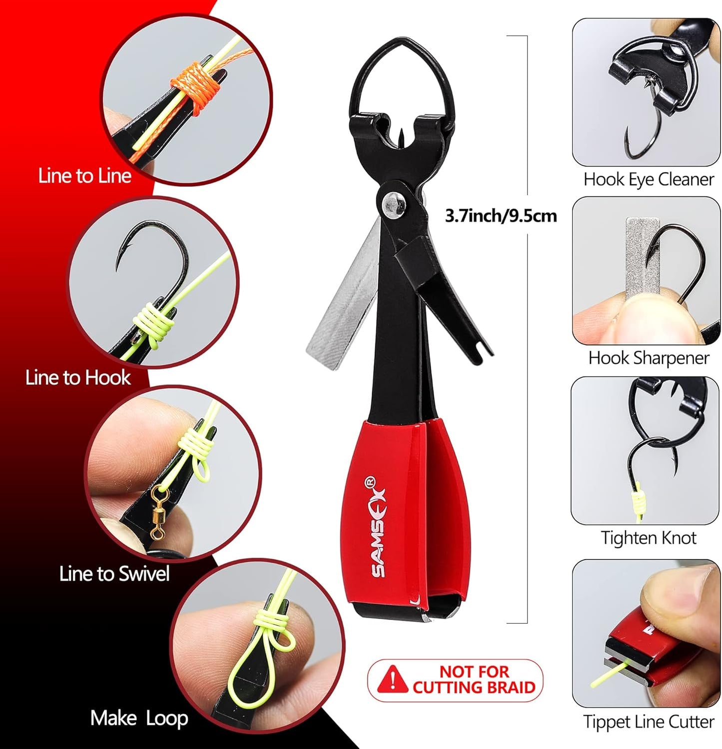 SAMSFX Multifunctional Fishing Knot Tying Tool and Nippers with Retractor for Quick Knot Tying on Hooks, Lures, and Flies