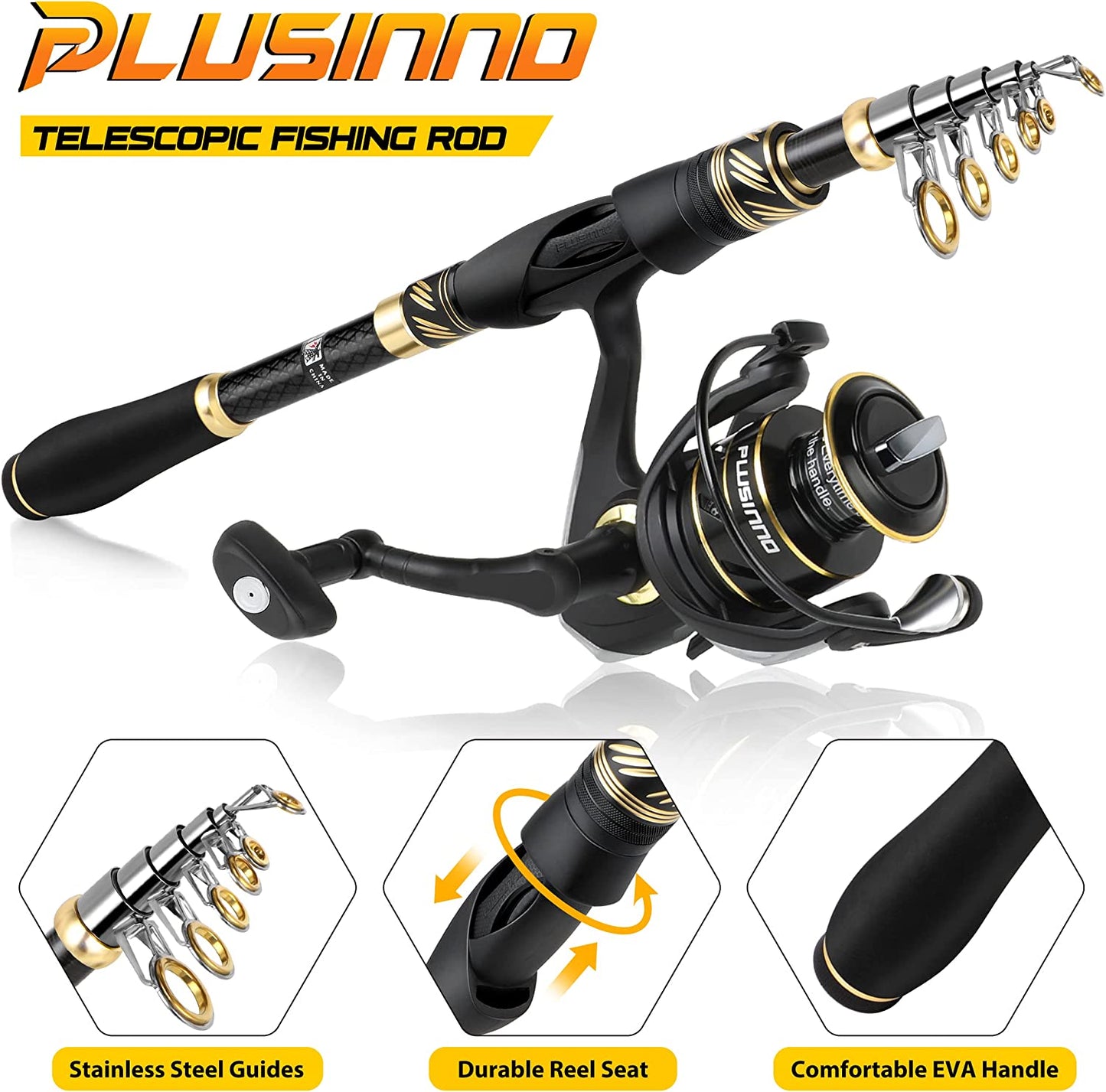 PLUSINNO Carbon Fiber Telescopic Fishing Rod and Reel Combo for Saltwater and Freshwater Fishing