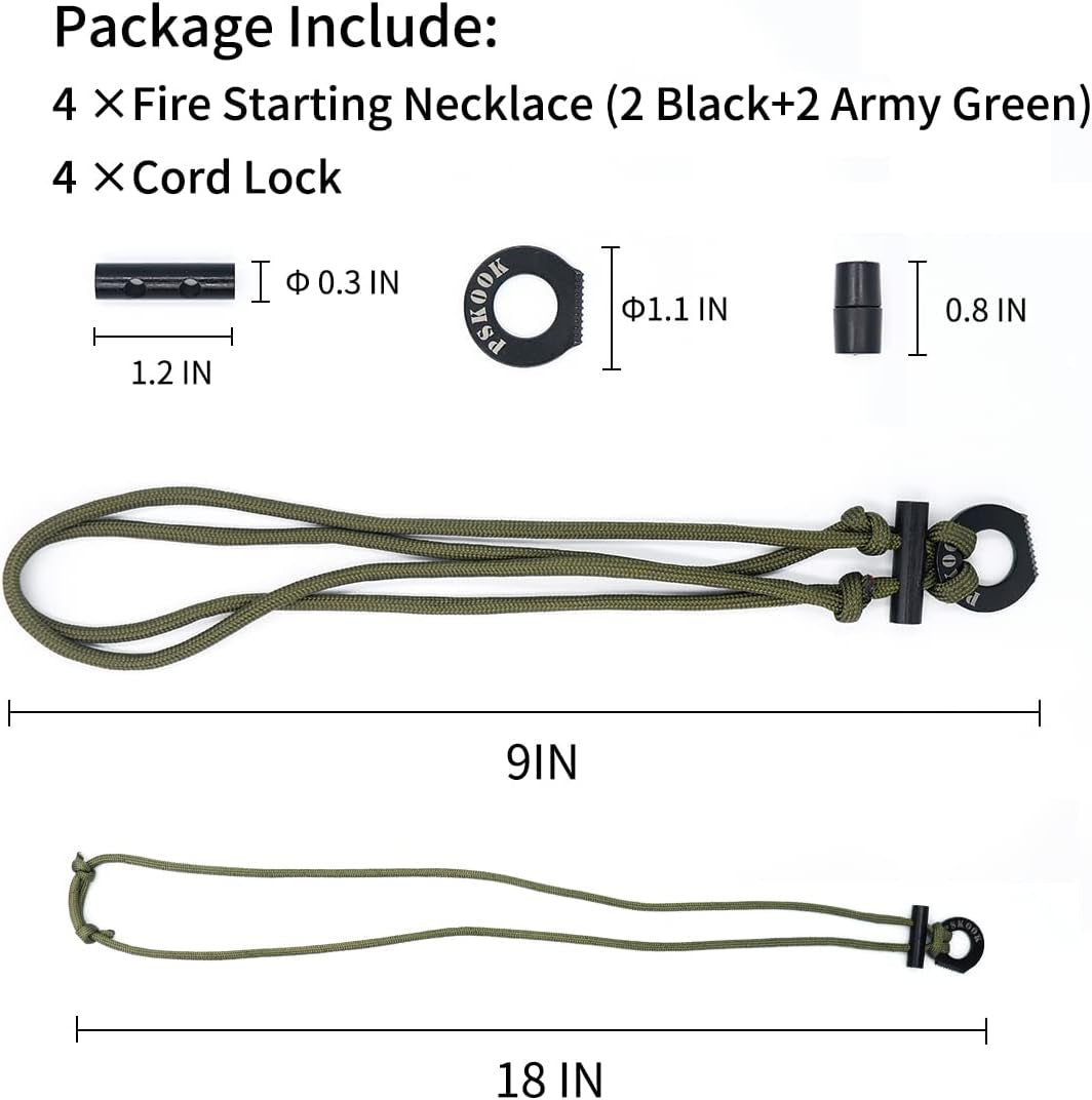 PSKOOK Survival Paracord Necklace with Flint and Steel - Essential Fire Starter for Camping, Hiking, and Backpacking