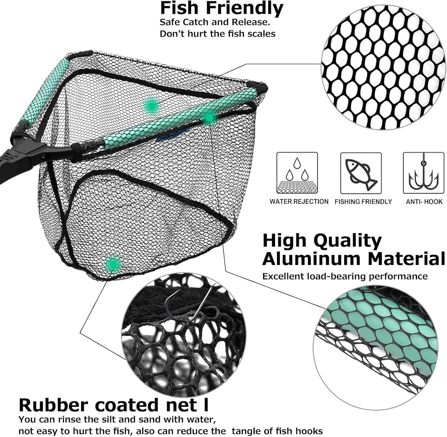 KOMCLUB Telescoping Floating Fishing Net with Rubber Coated Mesh for Easy Catch and Release in Freshwater and Saltwater - Ideal for All Ages