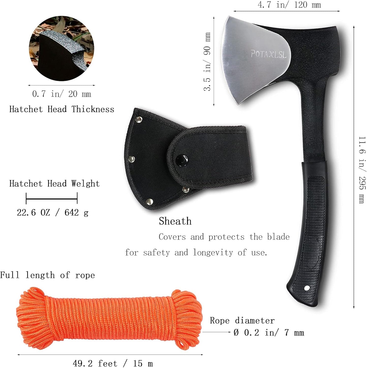 Camping Axe - 11" Portable Tactical Axe with Rope, Durable Stainless Steel Blade and Unbreakable Handle for Outdoor Survival and Crafting