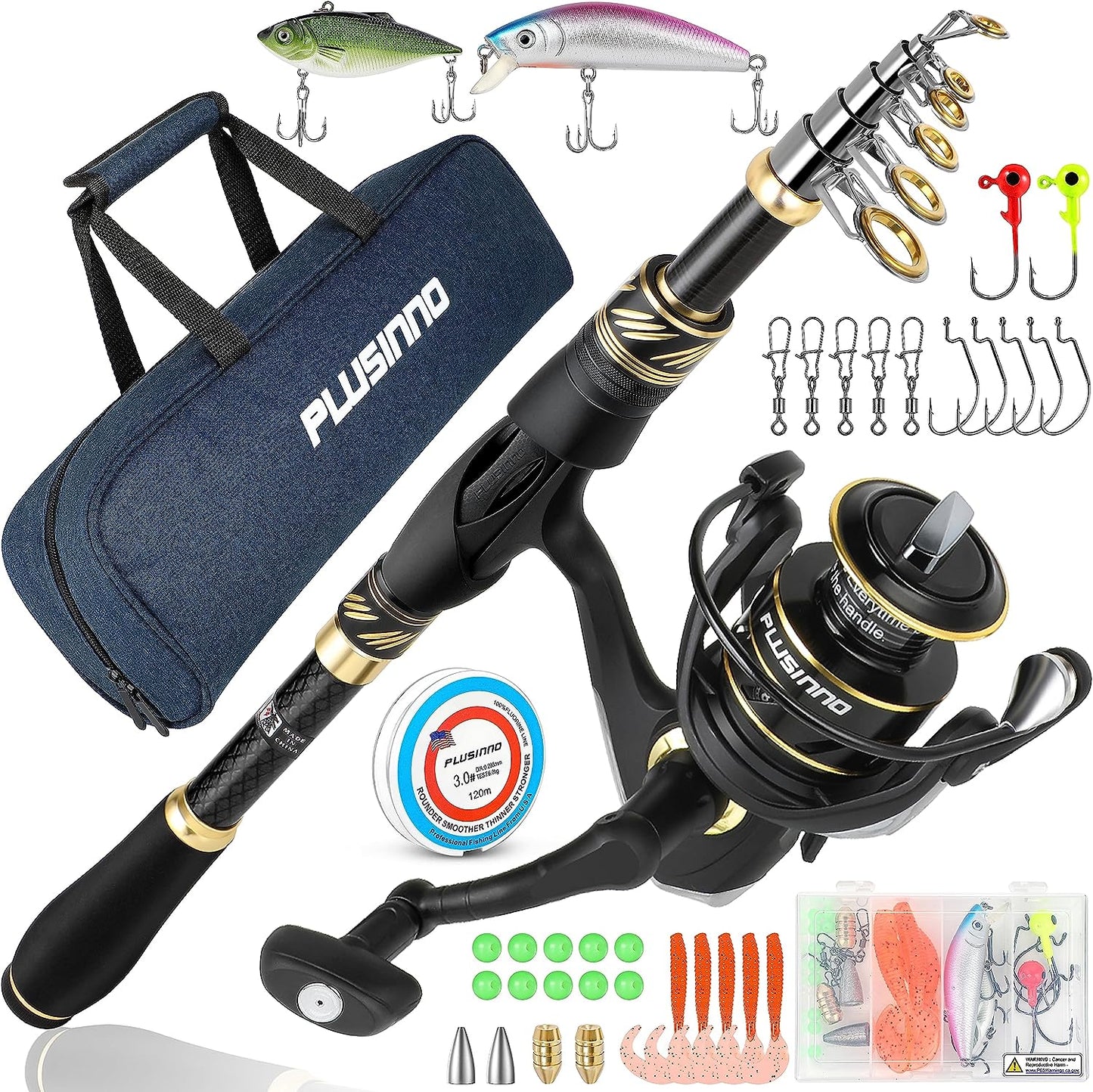PLUSINNO Carbon Fiber Telescopic Fishing Rod and Reel Combo for Saltwater and Freshwater Fishing