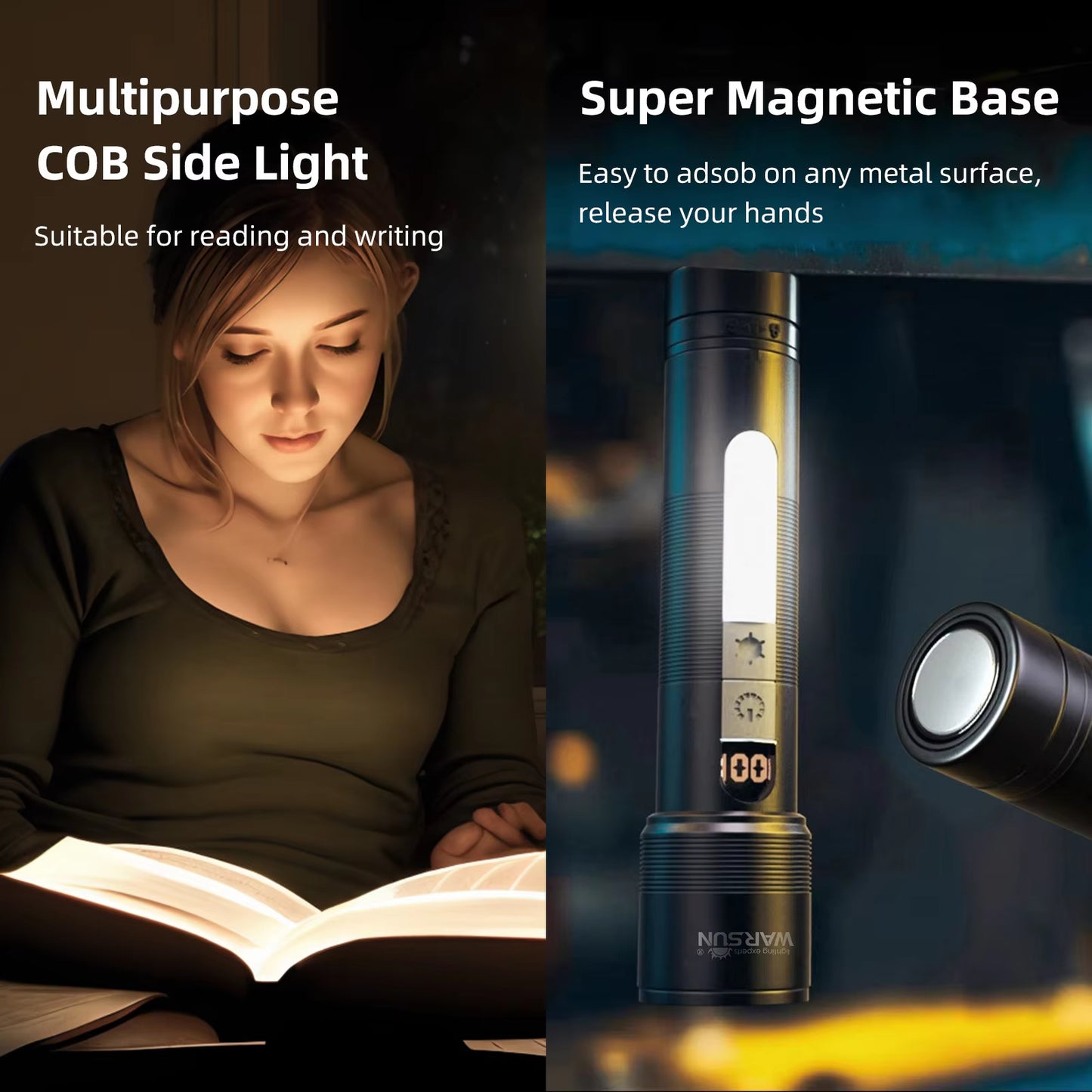 WARSUN T800 LED Tactical Flashlight with Magnetic Base, 1200 Lumens, COB Sidelight, and 5 Operating Modes