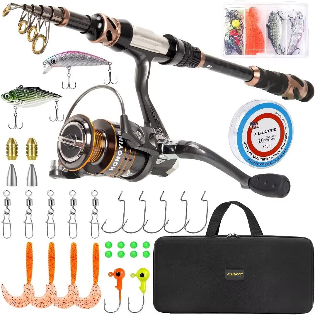 PLUSINNO Carbon Fiber Telescopic Fishing Rod and Reel Combo with 12 +1 Shielded Stainless Steel Bearings