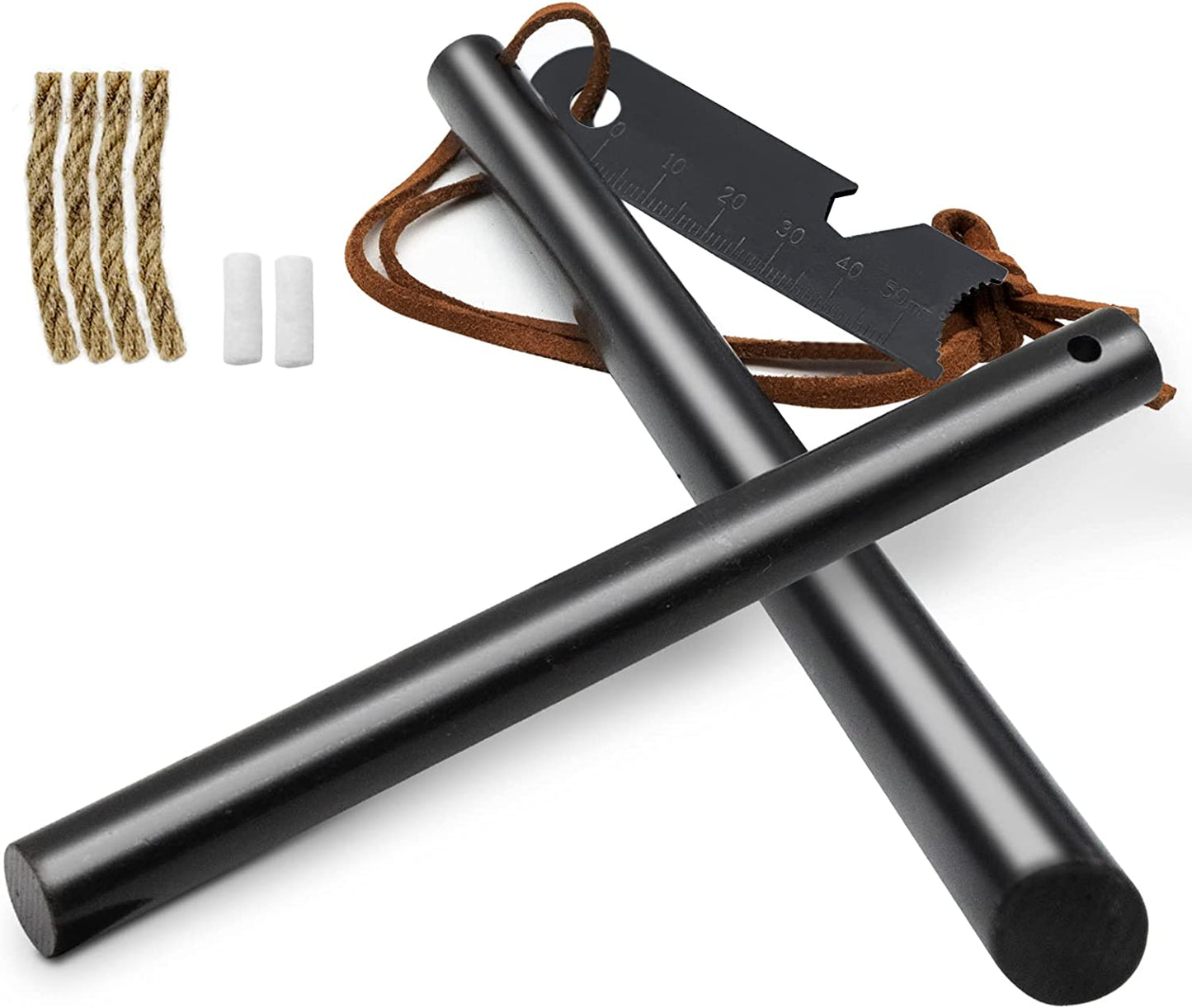 Ferro Rod Survival Tool Kit with Leather Lanyard, Multi-Tool Striker, Flint and Steel Igniter, and Tinder Rope for Camping, Hiking, and Emergency Preparedness