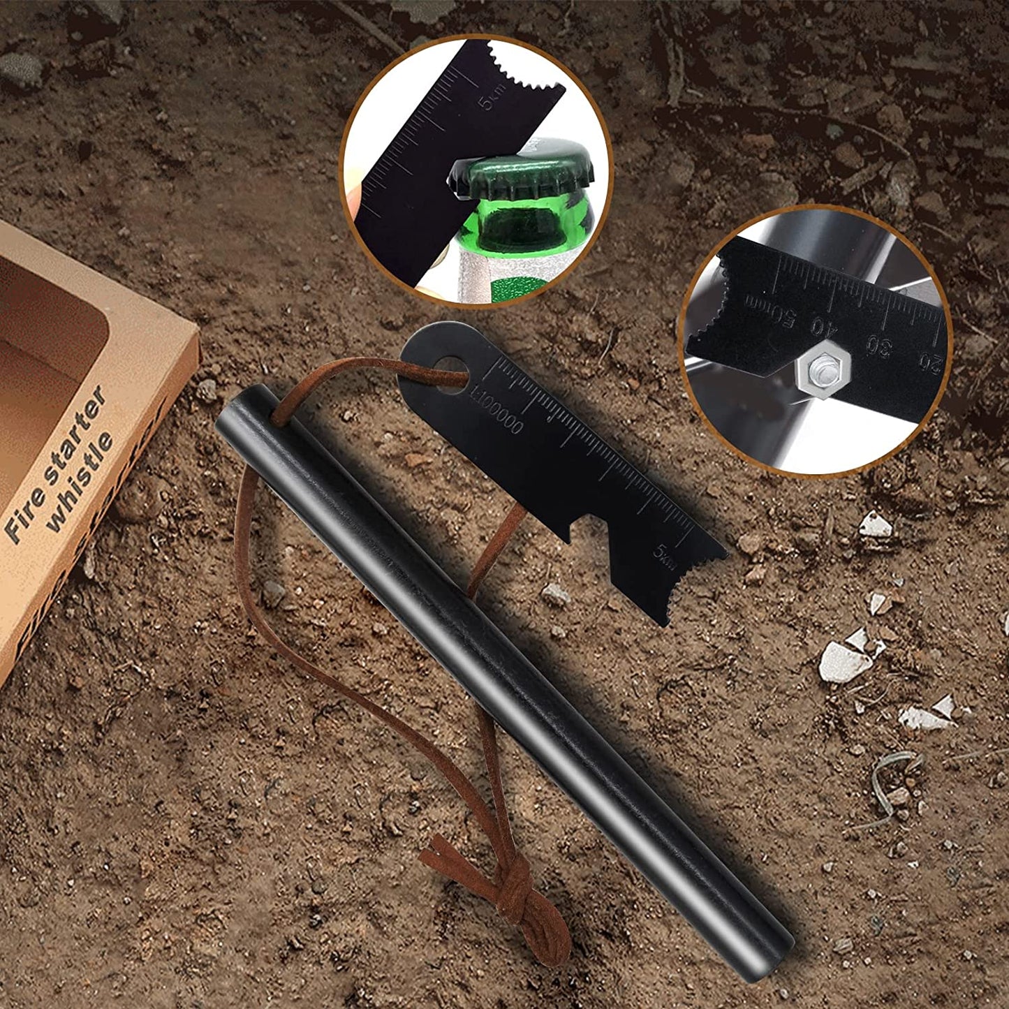 Ferro Rod Survival Tool Kit with Leather Lanyard, Multi-Tool Striker, Flint and Steel Igniter, and Tinder Rope for Camping, Hiking, and Emergency Preparedness