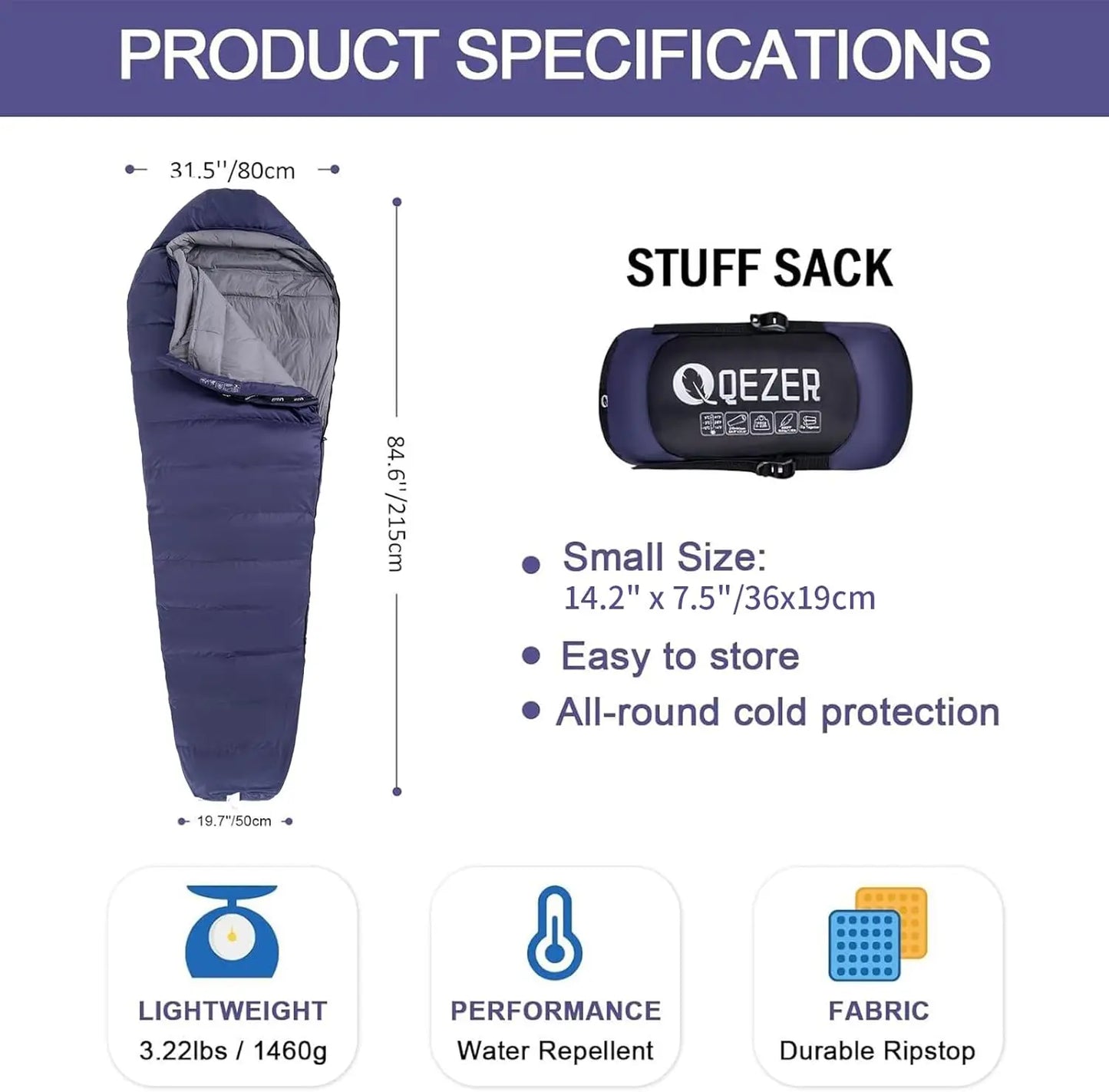 QEZER High Performance Sleeping Bag - Rated at 0°F (with Compression Sack)