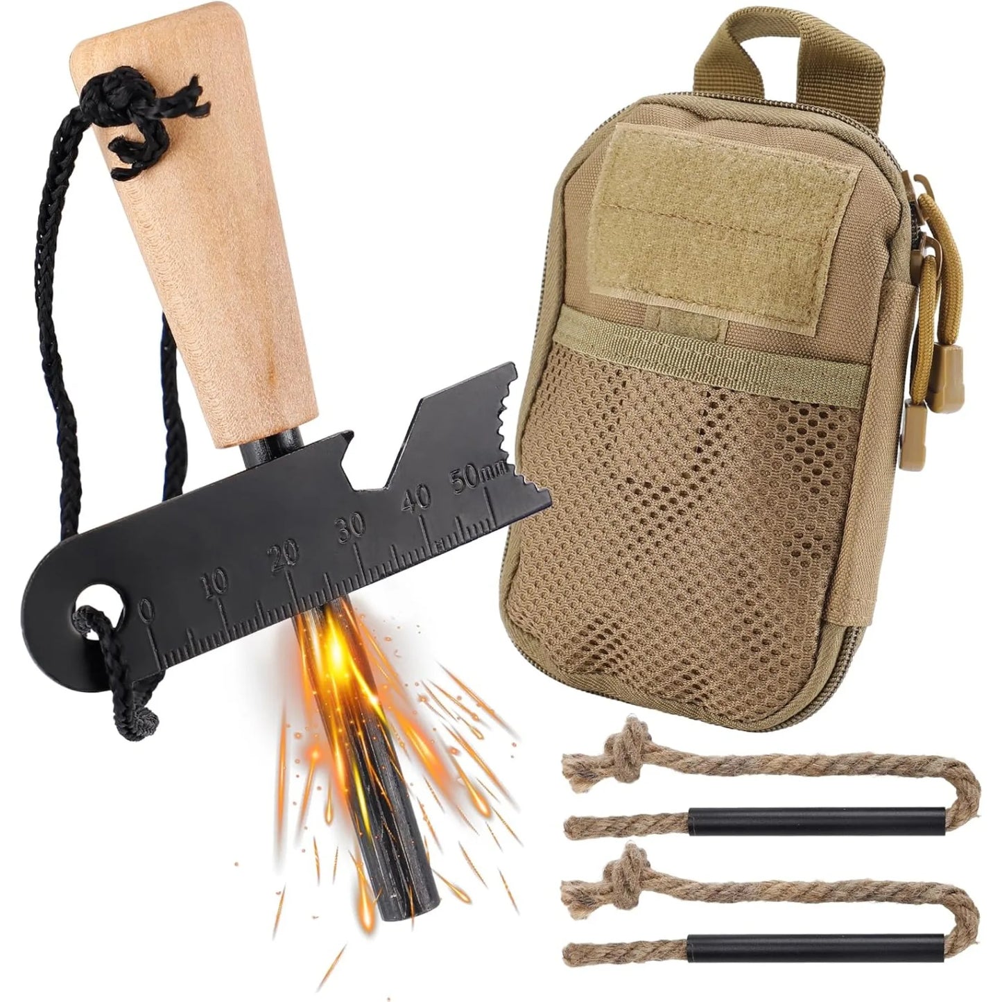 Fire Starter Survival Tool, Fire Starter Kit Includes Magnesium Rod, 2 Pcs Wick Hemp Rope and Multifunctional Outdoor Bag
