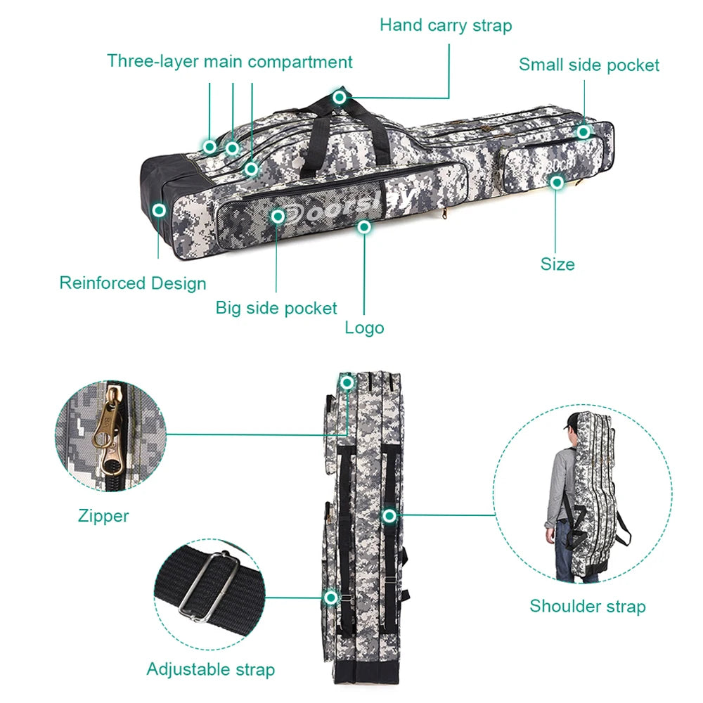 Doorslay 3 Layers Fishing Bag Portable Folding Fishing Rod Reel Bag Fishing Tackle Carry Case Travel Storage Bag Fishing Goods