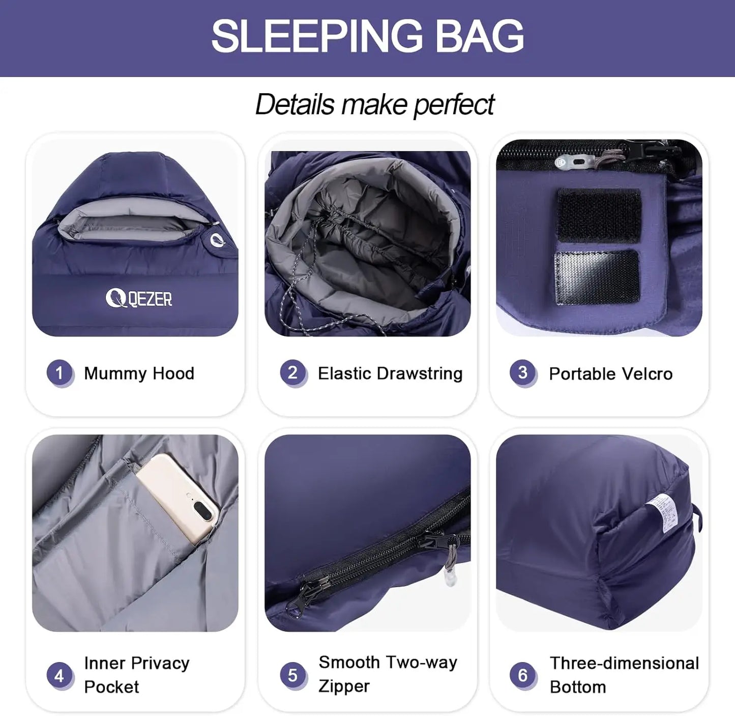 QEZER High Performance Sleeping Bag - Rated at 0°F (with Compression Sack)