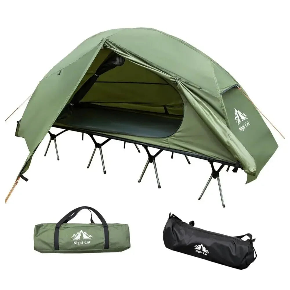 Night Cat Camping Cot Tent, Waterproof 1-Person Off-Ground Combo w/Cot Bed