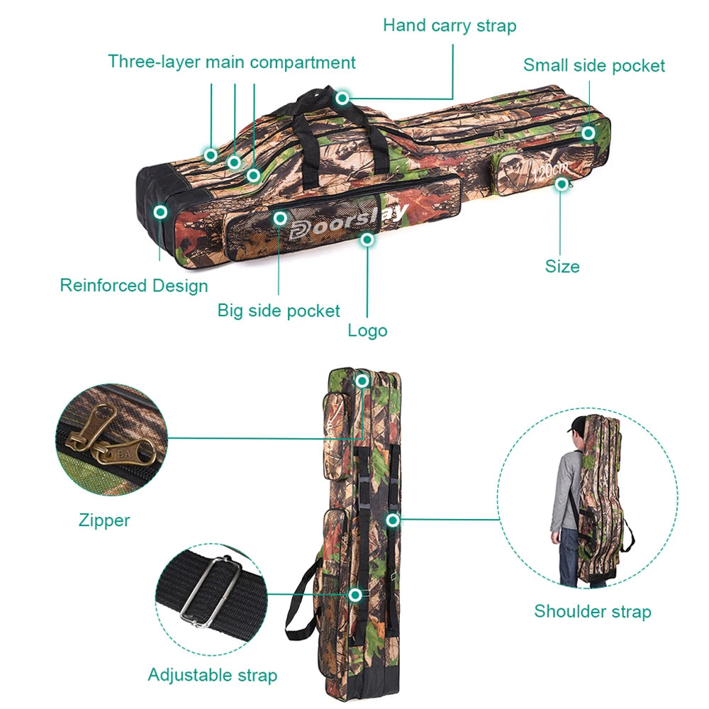 Doorslay 3 Layers Fishing Bag Portable Folding Fishing Rod Reel Bag Fishing Tackle Carry Case Travel Storage Bag Fishing Goods