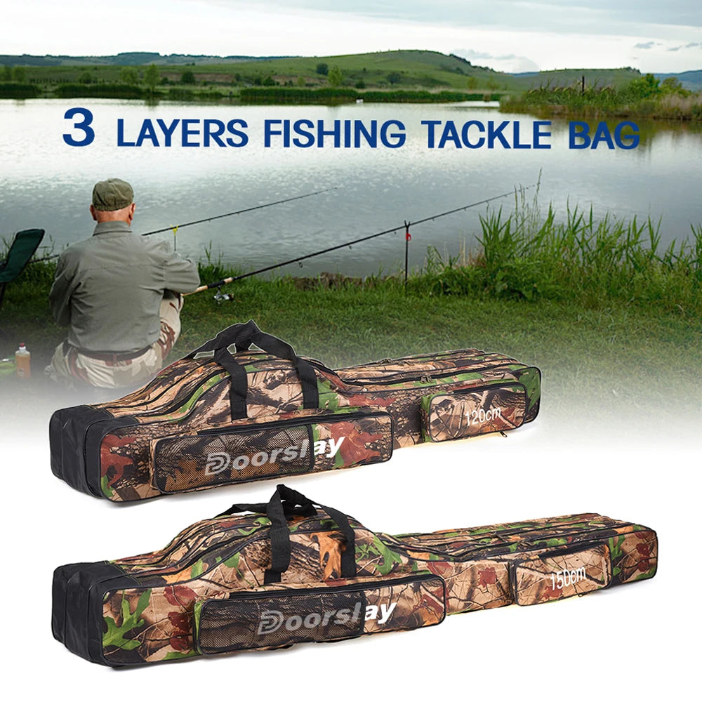 Doorslay 3 Layers Fishing Bag Portable Folding Fishing Rod Reel Bag Fishing Tackle Carry Case Travel Storage Bag Fishing Goods