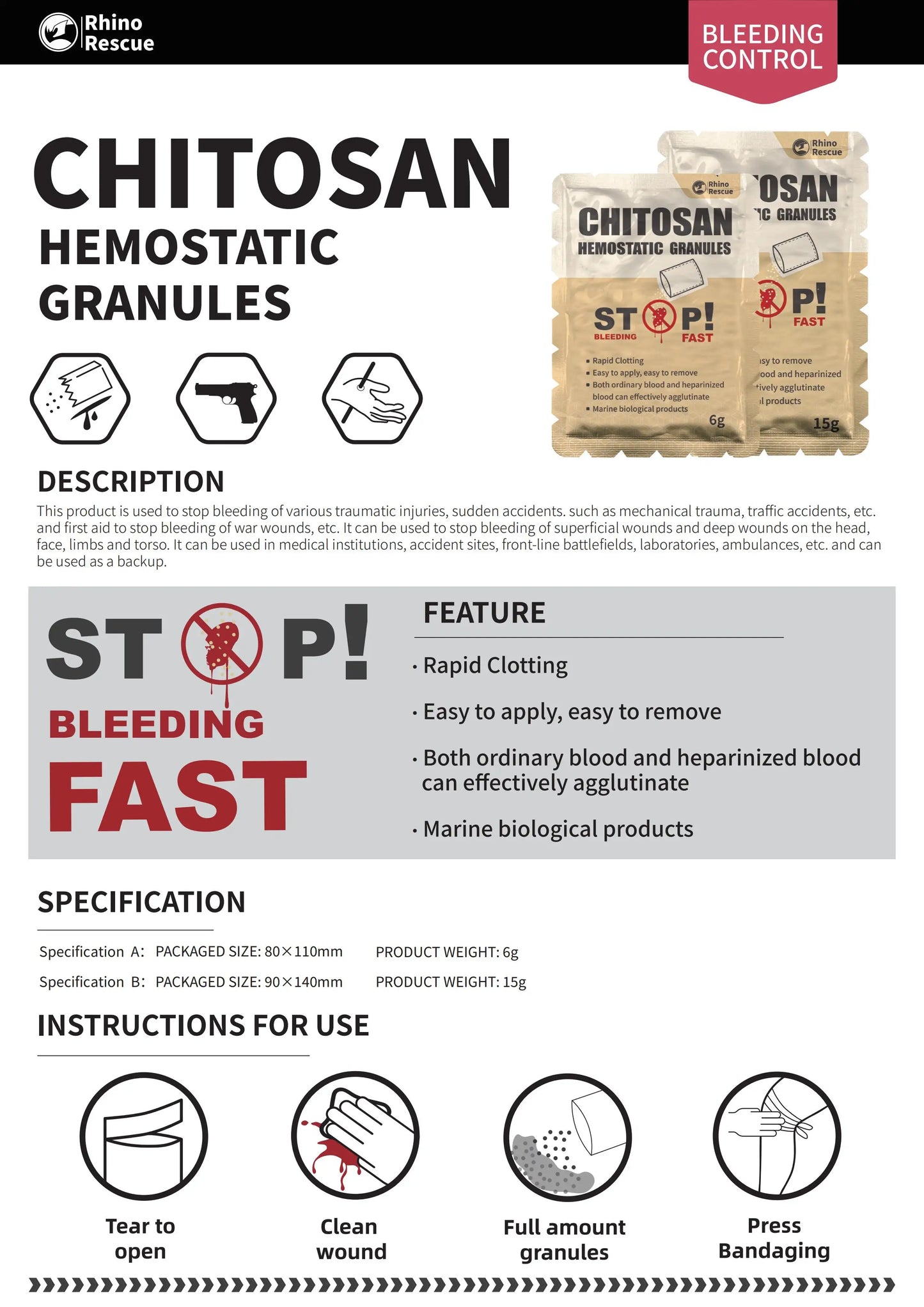 RHINO RESCUE Chitosan Hemostatic Powder (Quick Clot bleeding control)