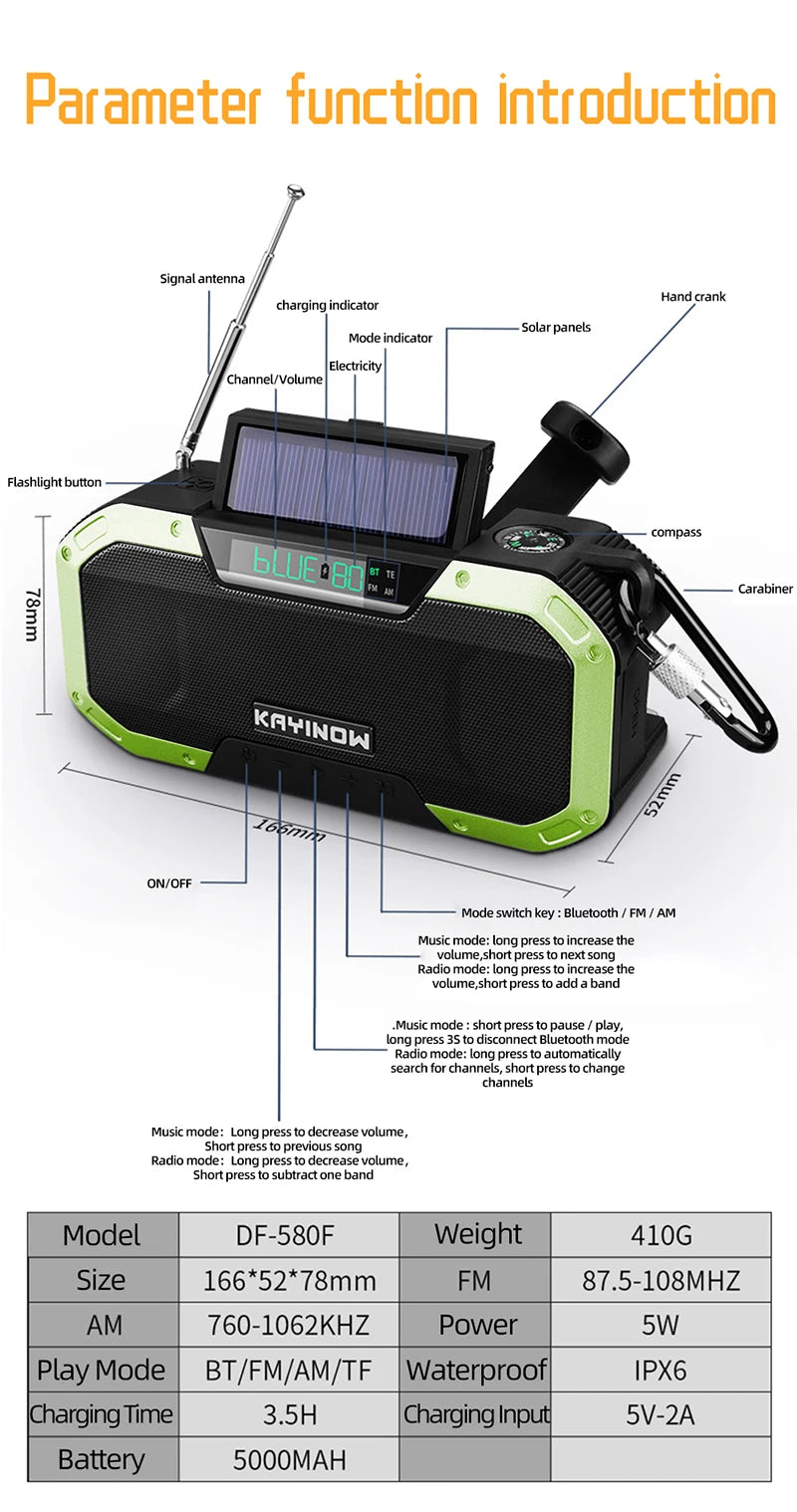 KAYINOW Portable Emergency Solar Hand Crank Radio 5000mAh Power Bank Cranker Flash Light Camping Survival Kit Radio ערכת חירום