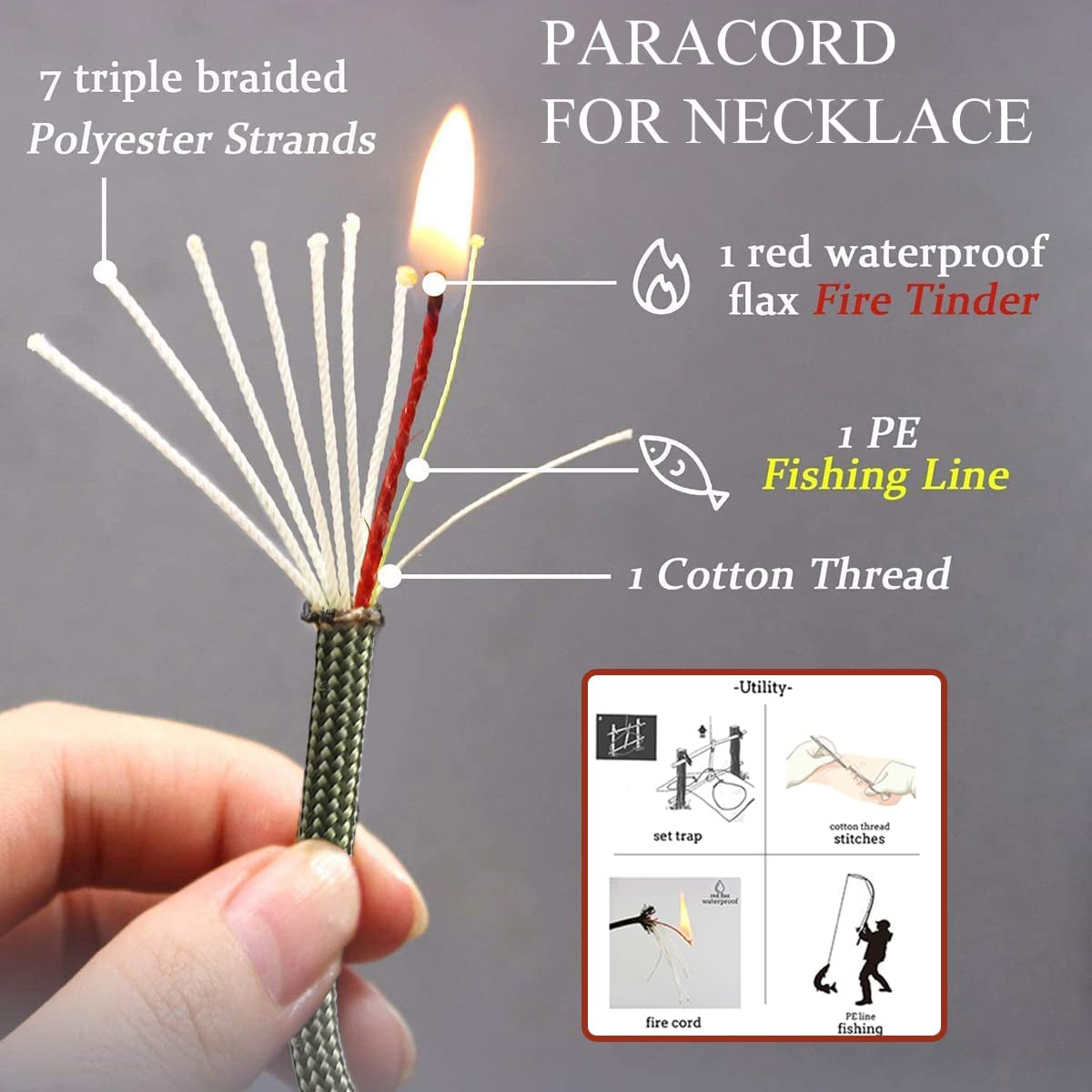 PSKOOK Survival Paracord Necklace with Flint and Steel - Essential Fire Starter for Camping, Hiking, and Backpacking