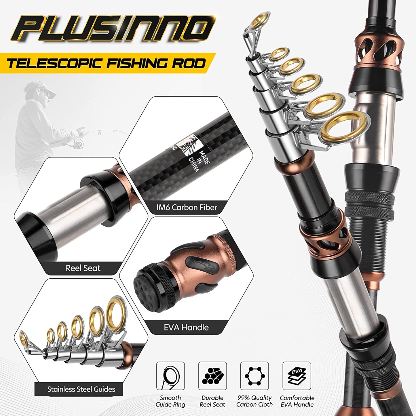 PLUSINNO Carbon Fiber Telescopic Fishing Rod and Reel Combo with 12 +1 Shielded Stainless Steel Bearings