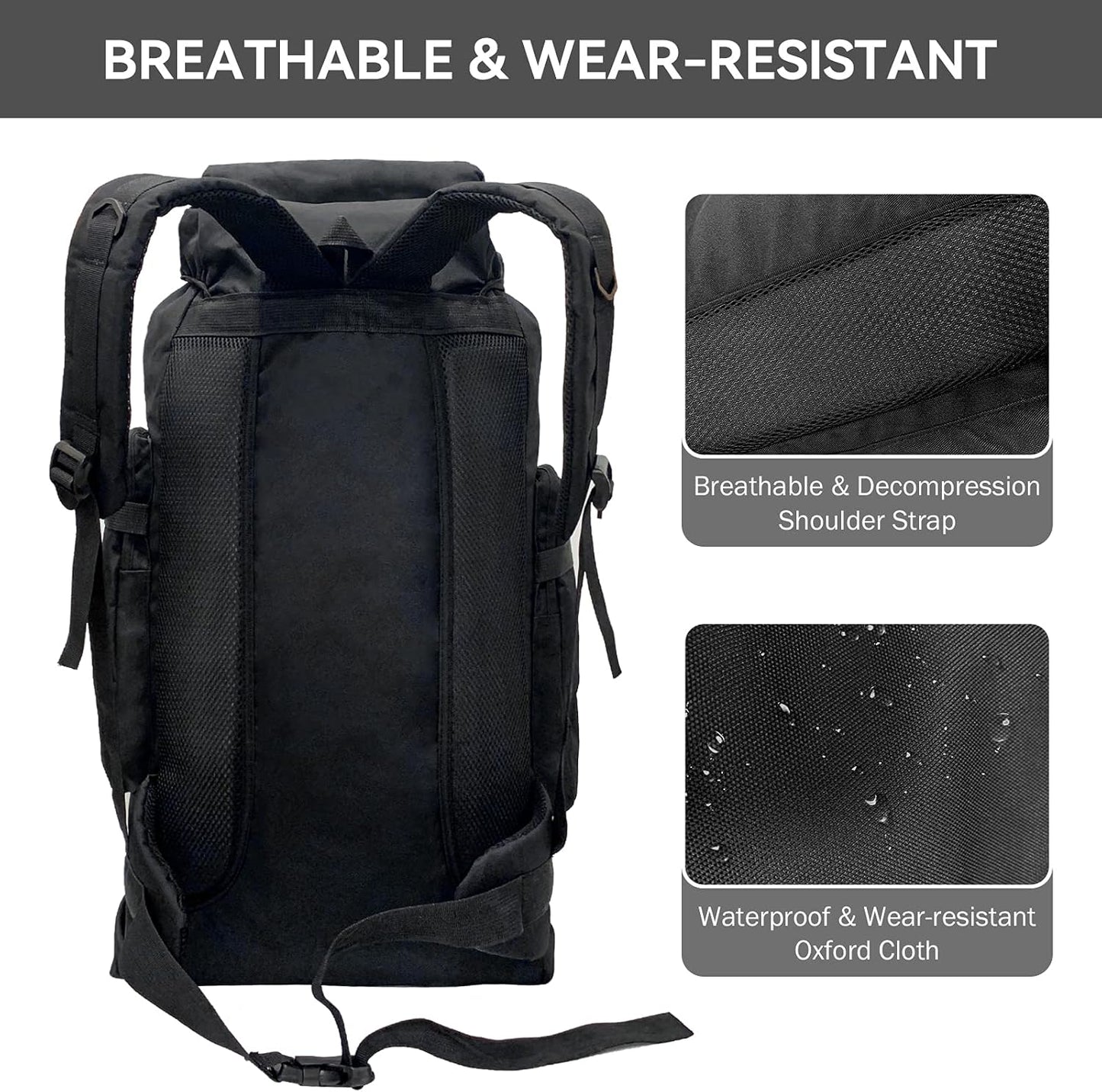 75L Lightweight Waterproof Hiking and Trekking Backpack - Tactical Ski Backpack in Black