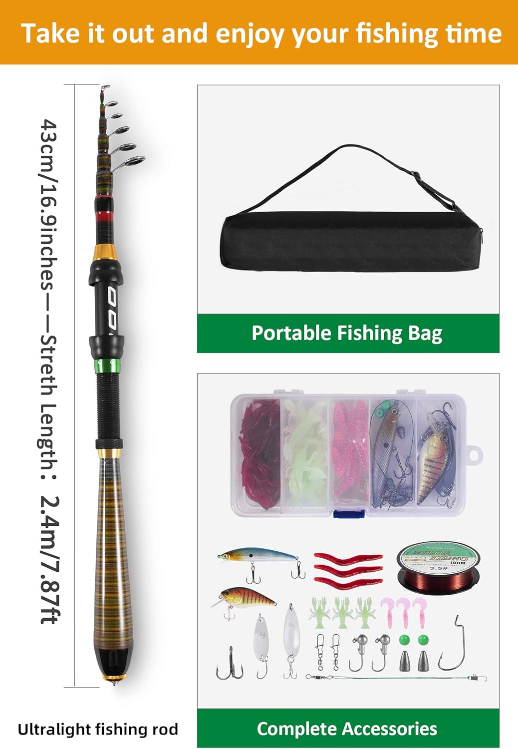 Milerong Carbon Fiber Telescopic Fishing Rod and Reel Combo - Portable Spinning Fishing Pole for Beginners and Enthusiasts in Saltwater and Freshwater