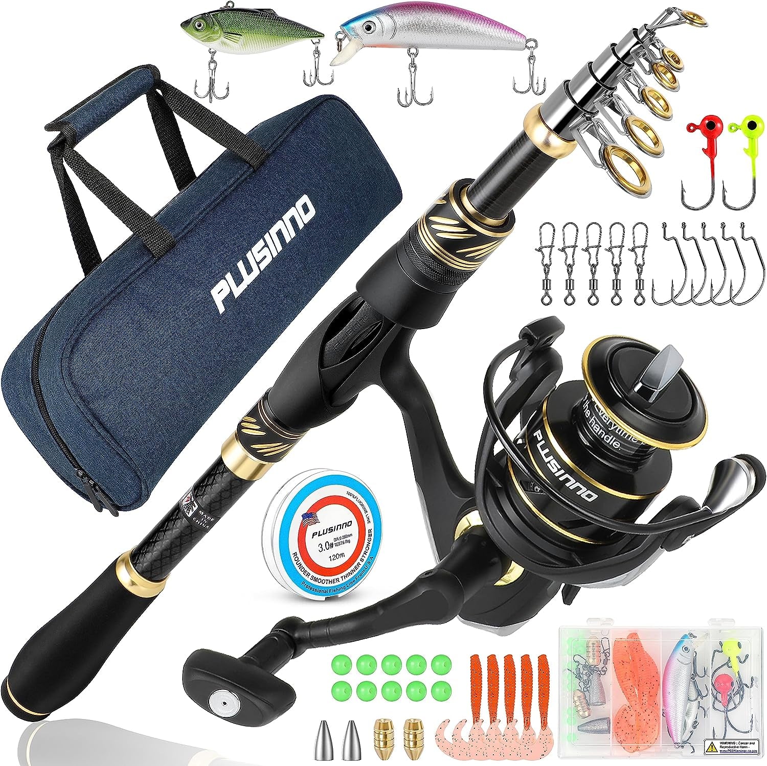 PLUSINNO Carbon Fiber Telescopic Fishing Rod and Reel Combo for Saltwater and Freshwater Fishing