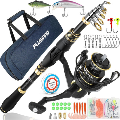 PLUSINNO Carbon Fiber Telescopic Fishing Rod and Reel Combo for Saltwater and Freshwater Fishing