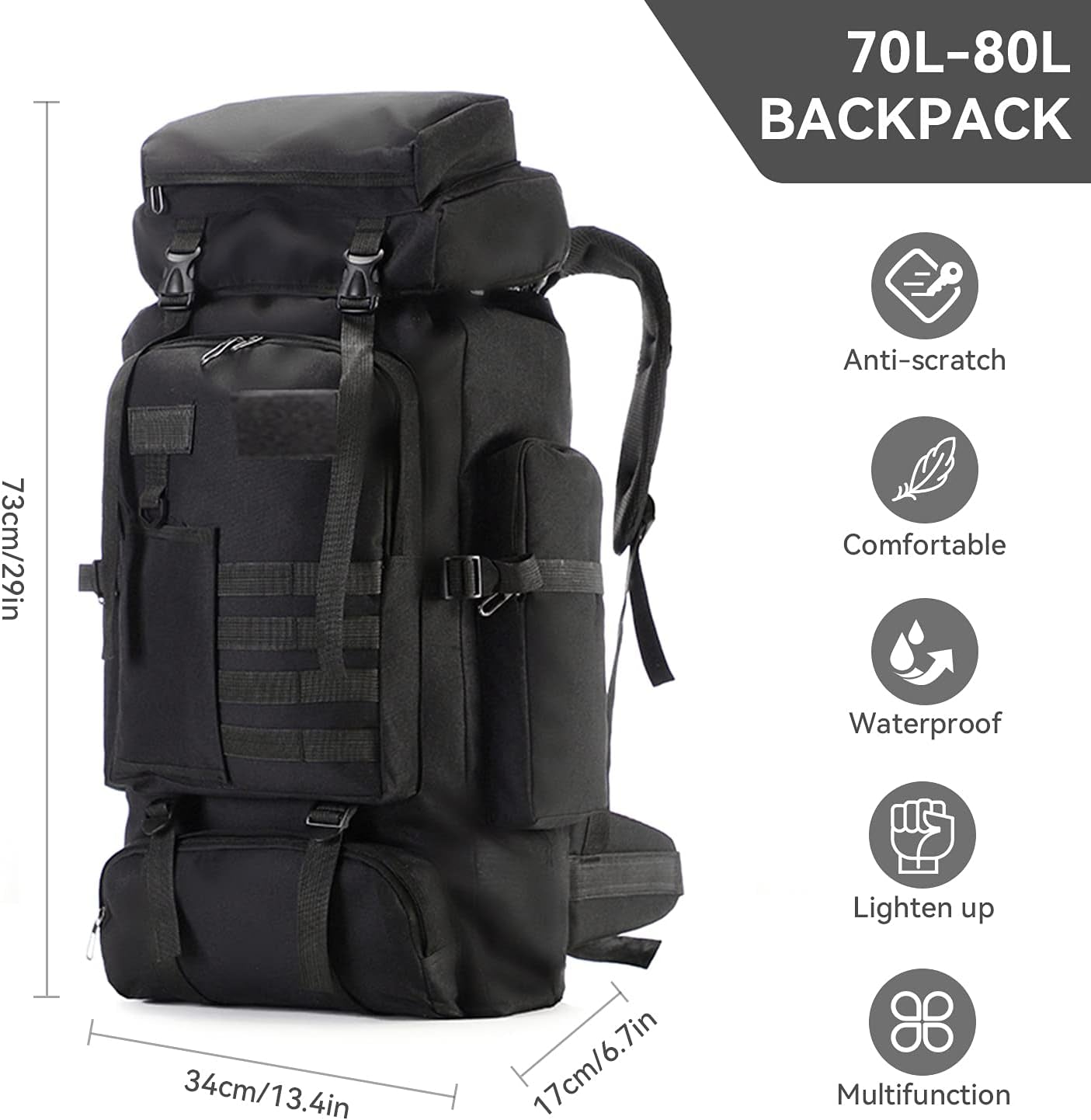 75L Lightweight Waterproof Hiking and Trekking Backpack - Tactical Ski Backpack in Black