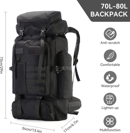 75L Lightweight Waterproof Hiking and Trekking Backpack - Tactical Ski Backpack in Black