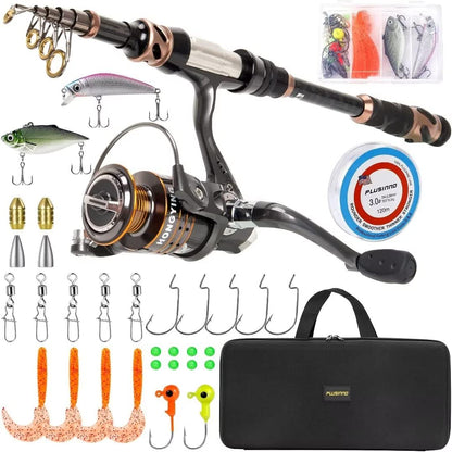 PLUSINNO Carbon Fiber Telescopic Fishing Rod and Reel Combo with 12 +1 Shielded Stainless Steel Bearings