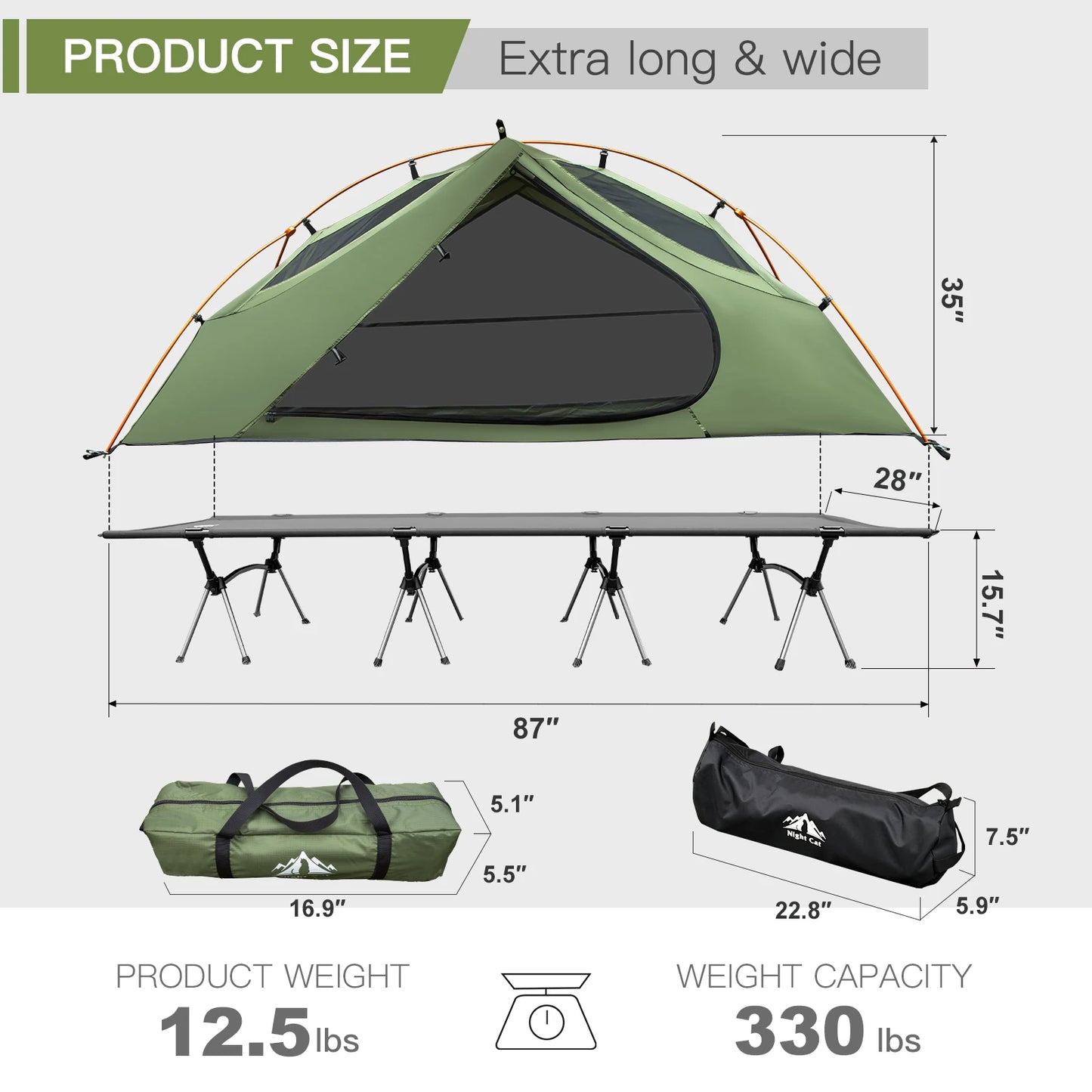 Night Cat Camping Cot Tent, Waterproof 1-Person Off-Ground Combo w/Cot Bed