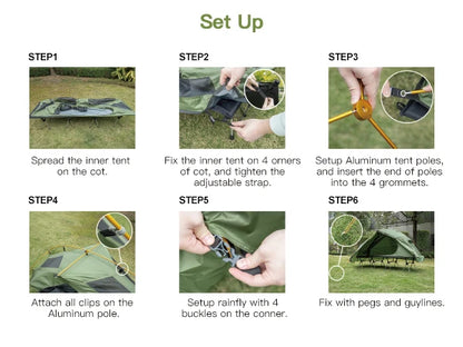 Night Cat Camping Cot Tent, Waterproof 1-Person Off-Ground Combo w/Cot Bed