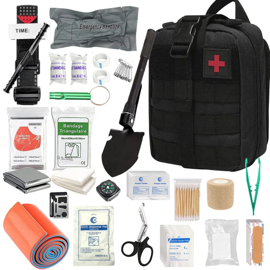 Lifesaving first aid kits including tourniquets, Israeli bandages, splints, emergency survival backpacks, camping gear supplies,
