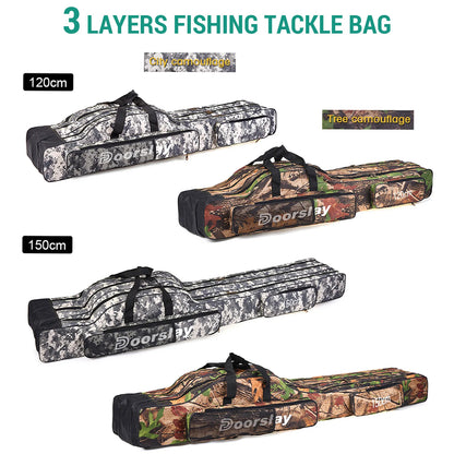 Doorslay 3 Layers Fishing Bag Portable Folding Fishing Rod Reel Bag Fishing Tackle Carry Case Travel Storage Bag Fishing Goods