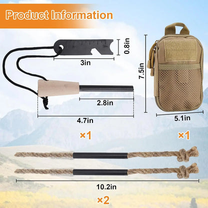 Fire Starter Survival Tool, Fire Starter Kit Includes Magnesium Rod, 2 Pcs Wick Hemp Rope and Multifunctional Outdoor Bag