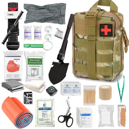 Lifesaving first aid kits including tourniquets, Israeli bandages, splints, emergency survival backpacks, camping gear supplies,