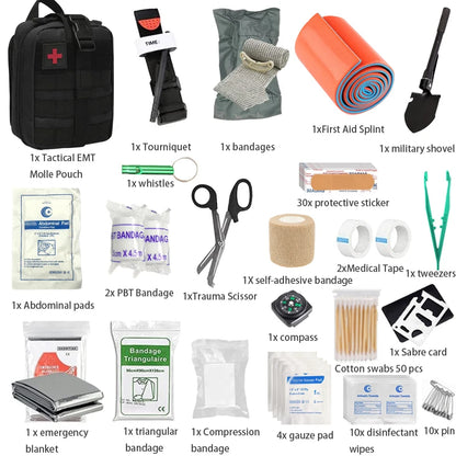 Lifesaving first aid kits including tourniquets, Israeli bandages, splints, emergency survival backpacks, camping gear supplies,