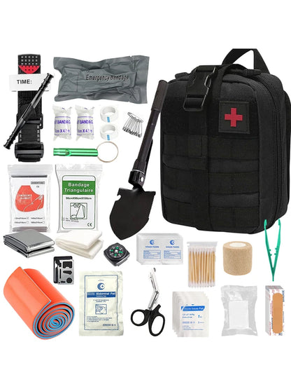 Lifesaving first aid kits including tourniquets, Israeli bandages, splints, emergency survival backpacks, camping gear supplies,