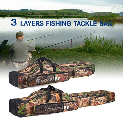 Doorslay 3 Layers Fishing Bag Portable Folding Fishing Rod Reel Bag Fishing Tackle Carry Case Travel Storage Bag Fishing Goods