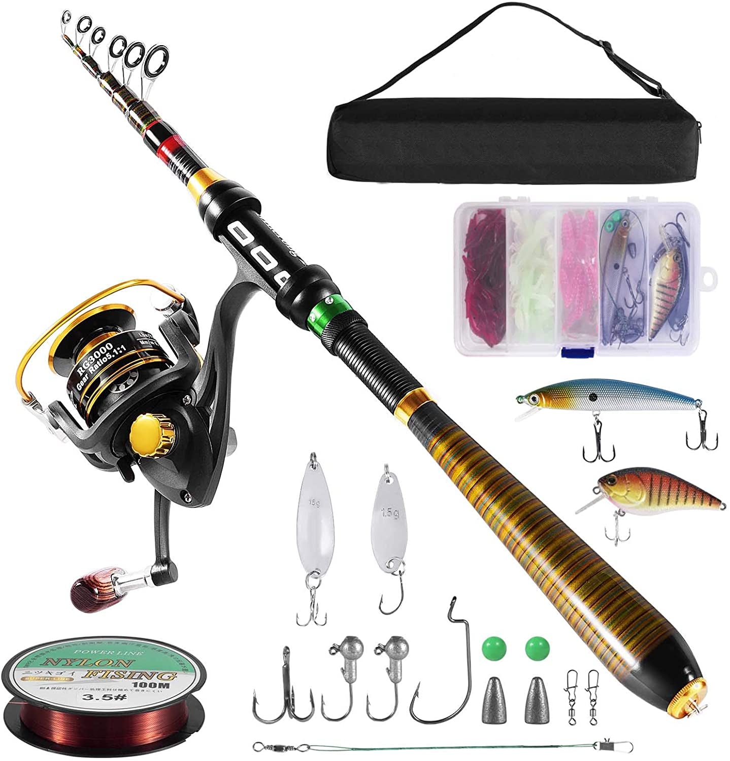 Milerong Carbon Fiber Telescopic Fishing Rod and Reel Combo - Portable Spinning Fishing Pole for Beginners and Enthusiasts in Saltwater and Freshwater
