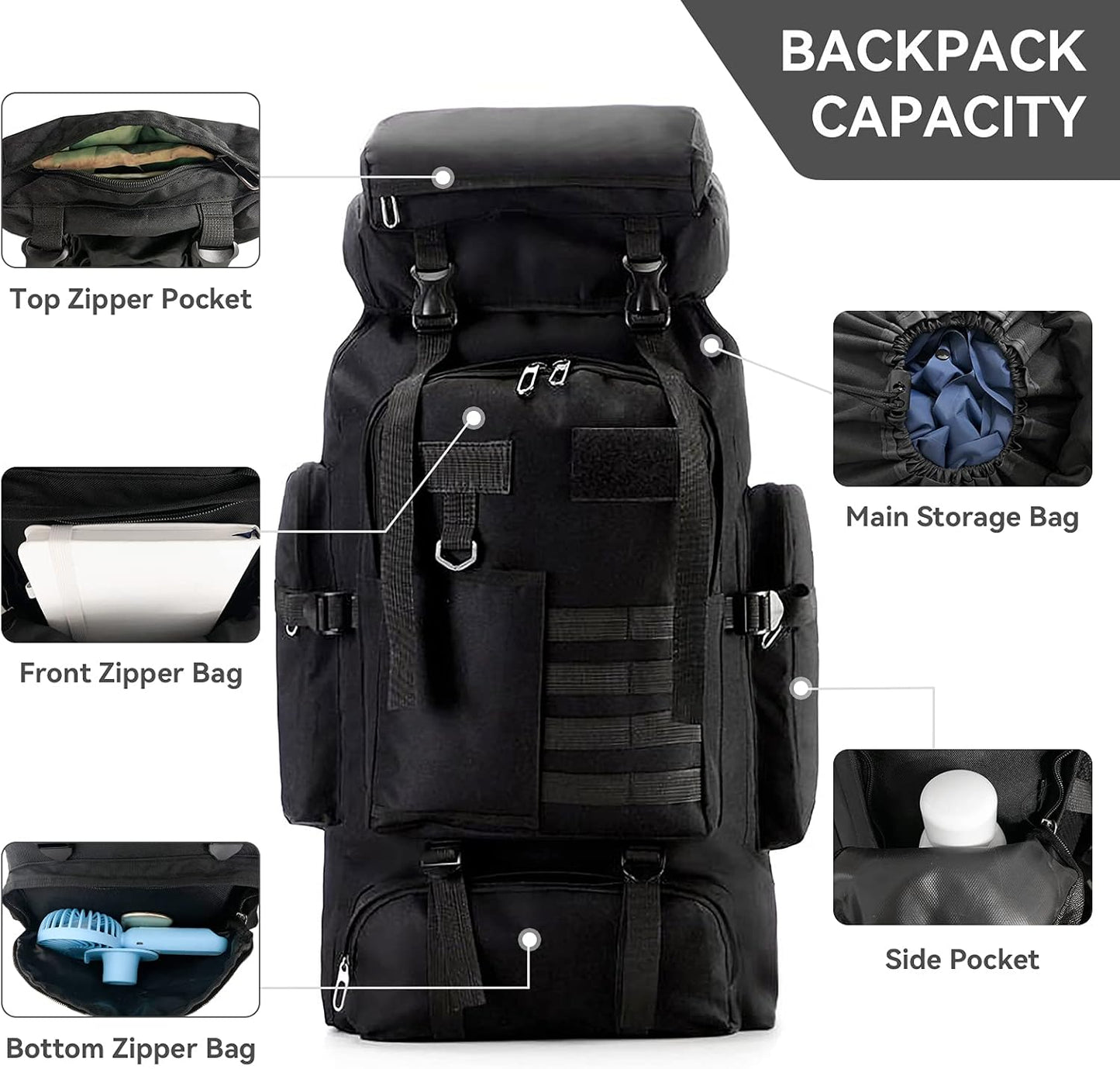 75L Lightweight Waterproof Hiking and Trekking Backpack - Tactical Ski Backpack in Black